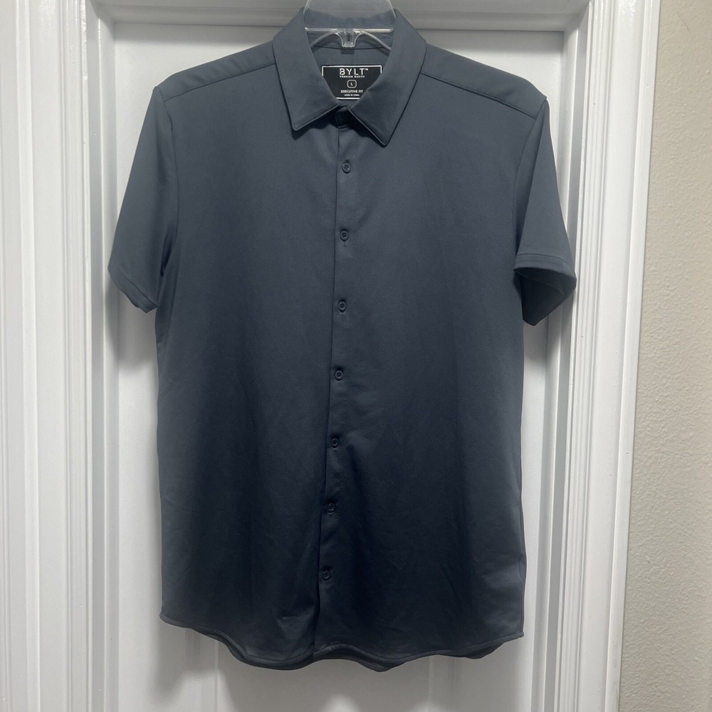 BYLT Basics Men LARGE Executive Fit Short Sleeve Button Shirt Charcoal Black EUC